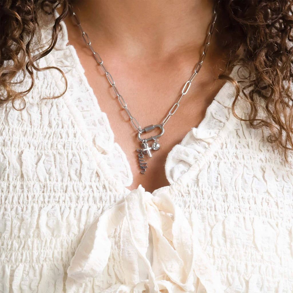 18K Gold PVD Stainless Steel Cross Carabiner Charm Necklace