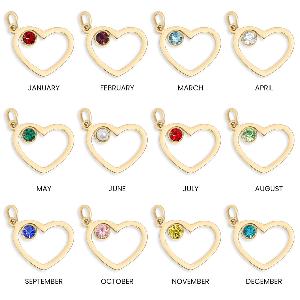 18K Gold PVD Stainless Steel Birthstone Heart Charm
