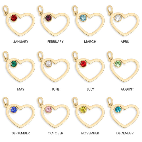 18K Gold PVD Stainless Steel Birthstone Heart Charm
